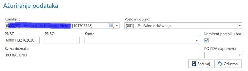 Prozor za ispravku stavke izvoda