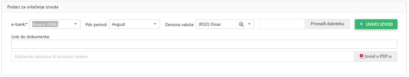 Osnovni ekran za uvlačenje izvoda